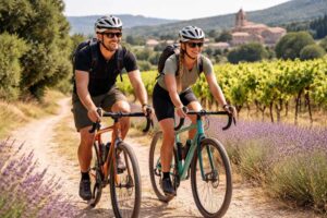 Sportief stel op de fiets door Zuid-Frankrijk tijdens hun vakantie